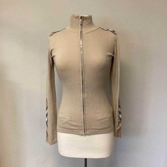 Burberry Sweaters - Burberry London Tan House Check Zip Front Sweater Sz S
